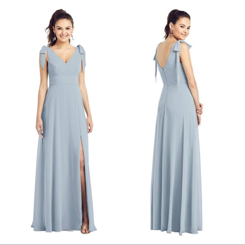 Bow-Shoulder V-Back Chiffon Gown with Front Slit